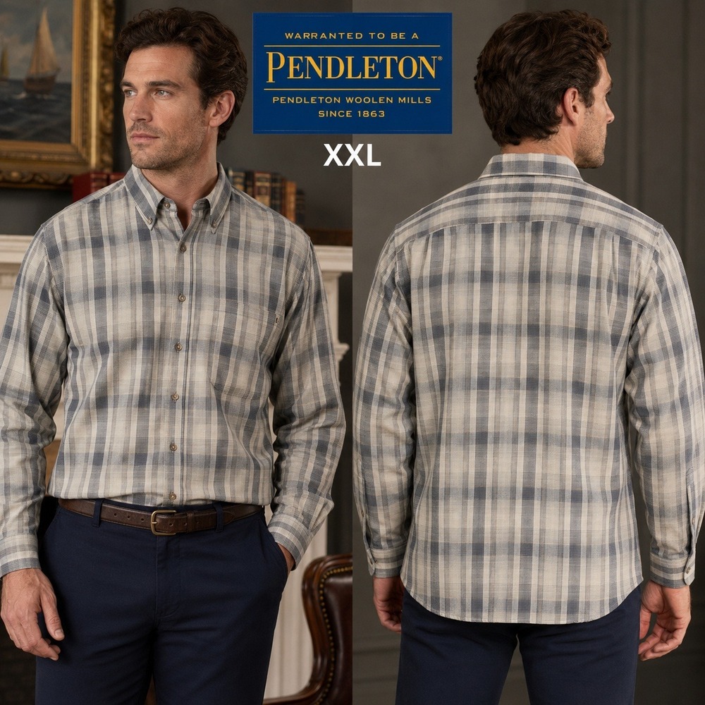 Sir Pendleton Mens XXL Grey Plaid Worsted Wool Button Down Shirt Long Sleeve